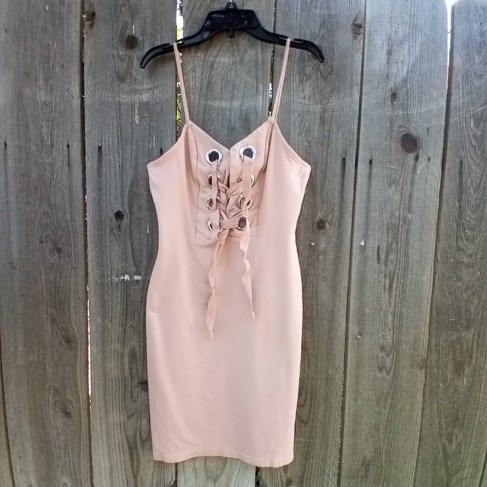 Blush Pink Lace Up Front Bodycon Mini Dress L Forever 21 Pullon Stretch Casual